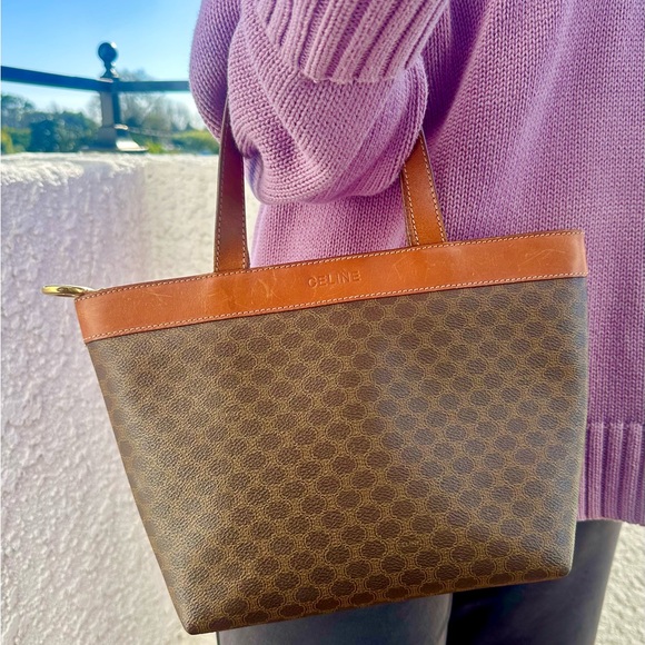 Celine Vintage Macadam Bag Small Monogram Zip Tote Brown Coated Canvas Leather